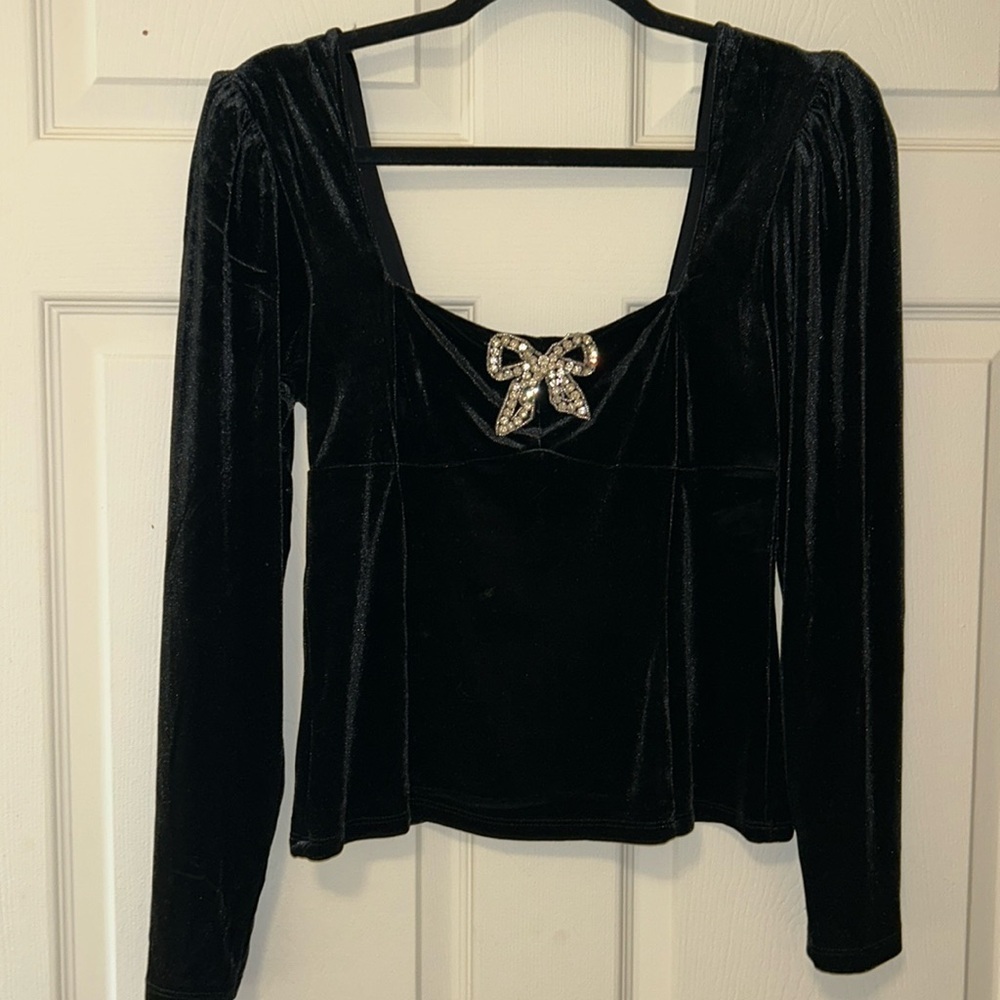 Rachel Zoe Velvet Black Blouse Long Sleeve Bow